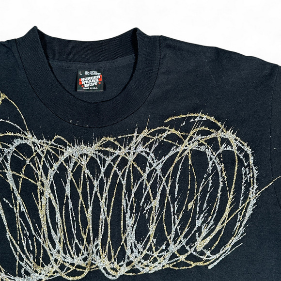 Vintage Spin Art Shirt Adult MEDIUM Black Abstract Gold Silver Glitter USA 80s - Picture 2 of 8